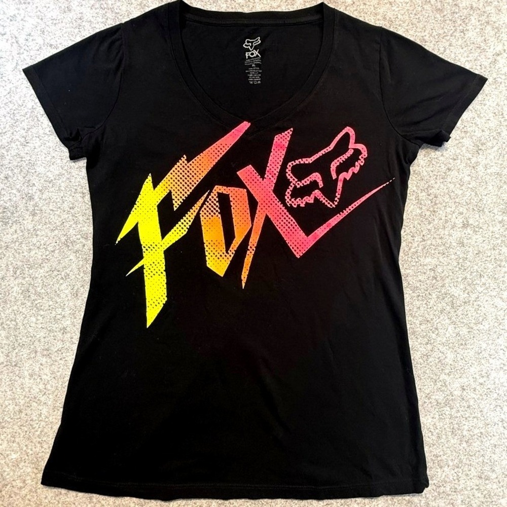 Fox Racing Womens XL Black VNeck Graphic Tee Neon Logo Cotton T Racing Biker MTB